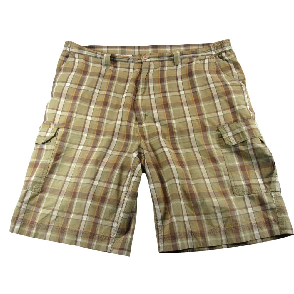 King Size Mens Cargo Shorts 42 x 12 Tall Brown Plaid 100% Cotton Elastic Waist